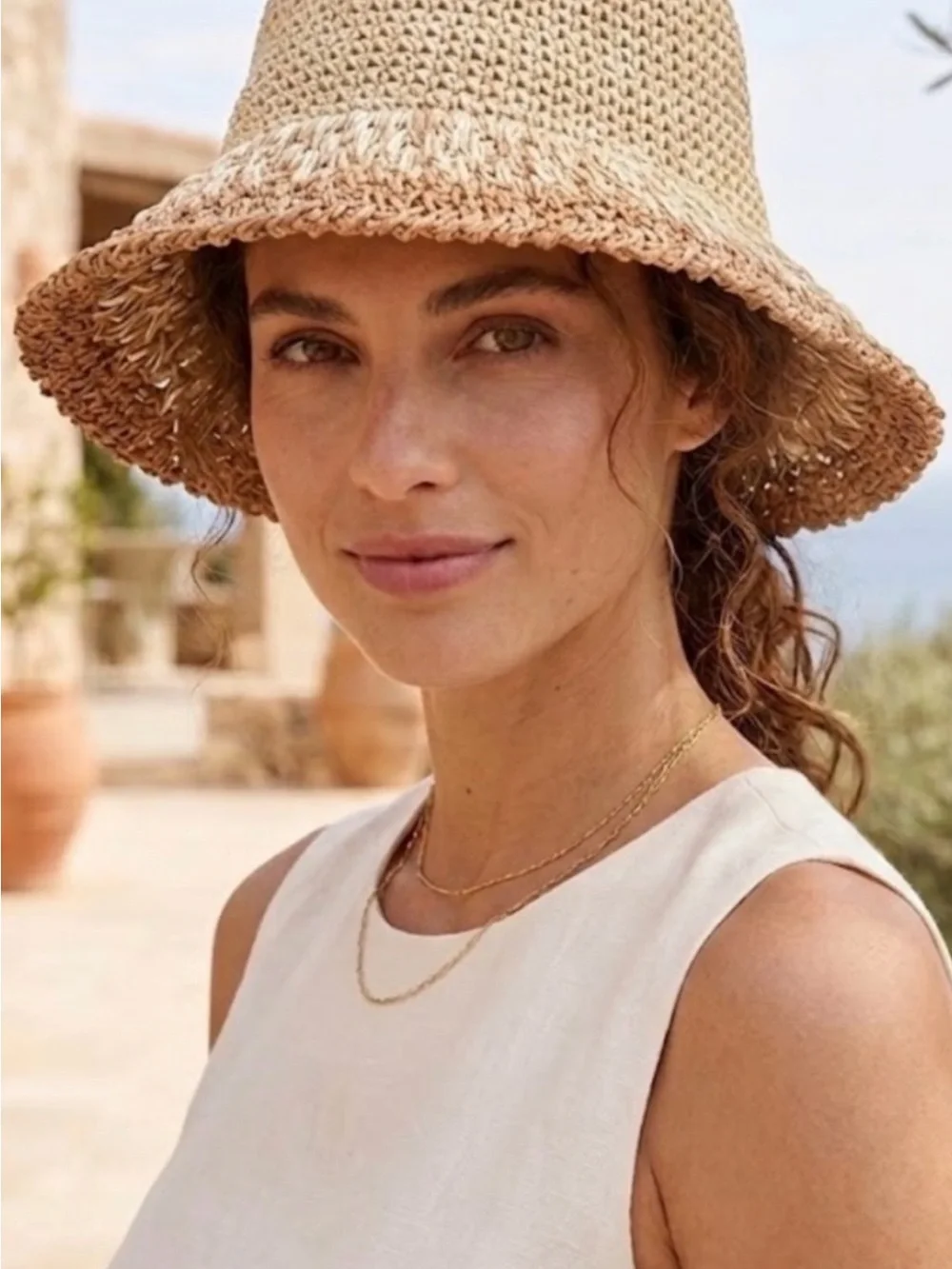 Eugenia Kim Two-Tone Woven Straw Bucket Hat in Natural and Tan NWT
